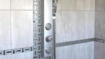 Shower, towels, toilet paper