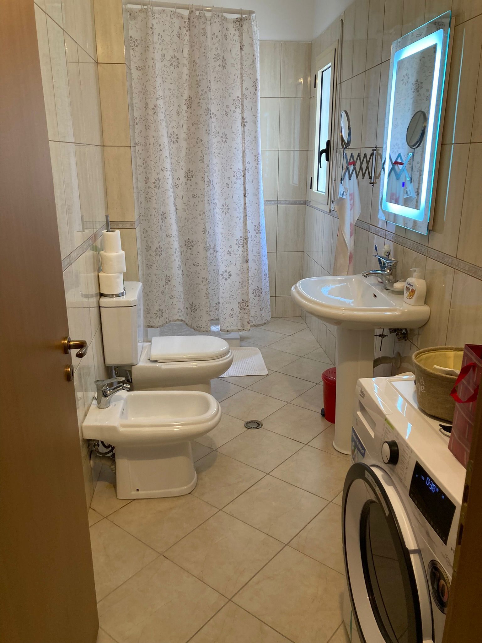 Shower, hair dryer, bidet, towels
