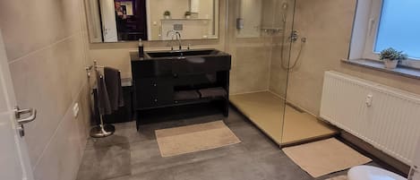 Shower, hair dryer, towels, soap