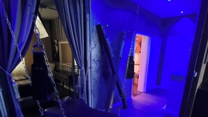 A room with a hanging chair, curtains, and a doorway leading to another room.
