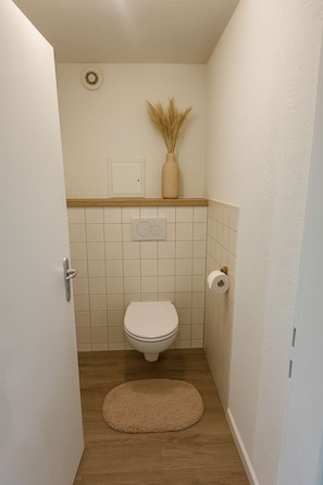 Un baño pequeño con inodoro, toallero, dispensador de papel higiénico y un jarrón decorativo con plantas secas.