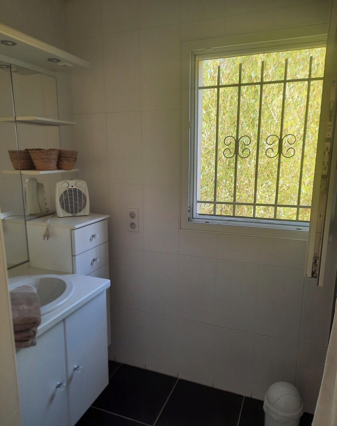 Hair dryer, towels, soap, toilet paper