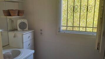 Hair dryer, towels, soap, toilet paper