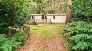 A mobile home in a forested area with a dirt path leading to it. - Deers Leap - Kelling Heath Holiday Park - 22250 (Holt)