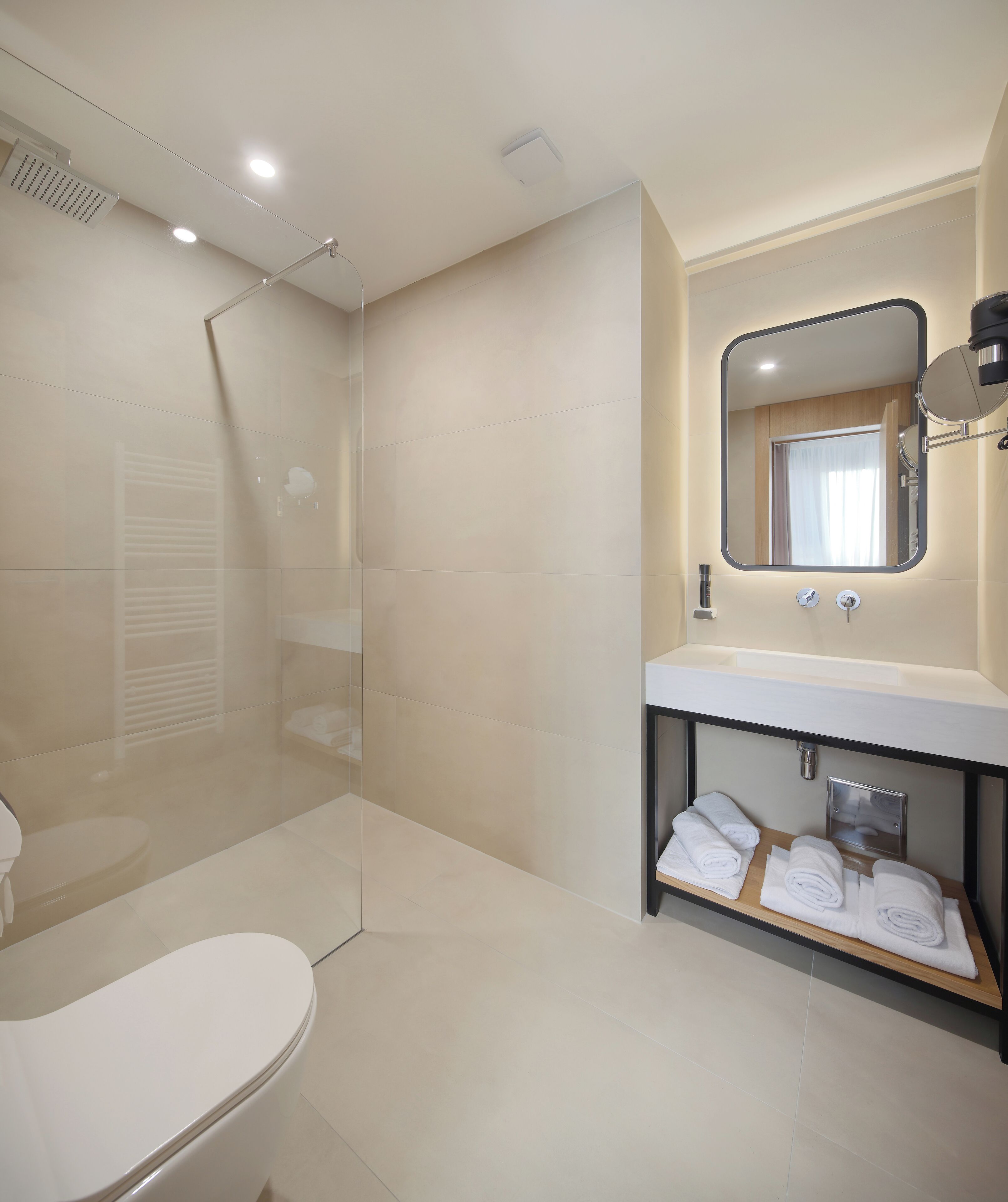 A modern bathroom with a glass shower enclosure, a toilet, and a sink with a mirror.