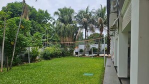 Zona verde y bien cuidada con una red de voleibol, rodeada de abundante vegetación y palmeras.