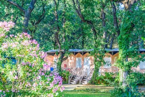 Une rangée de cabanes de style rustique, avec un escalier en bois menant à une véranda, le tout entouré d’une végétation luxuriante et de buissons en fleurs.