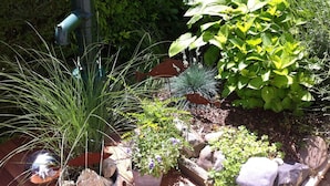 A garden with various plants, rocks, and a wooden deck. - Haus Am Apfelweg – Apartment Jonagold, 70 sqm, lake view, private terrace, Wi-Fi (Immenstaad am Bodensee)