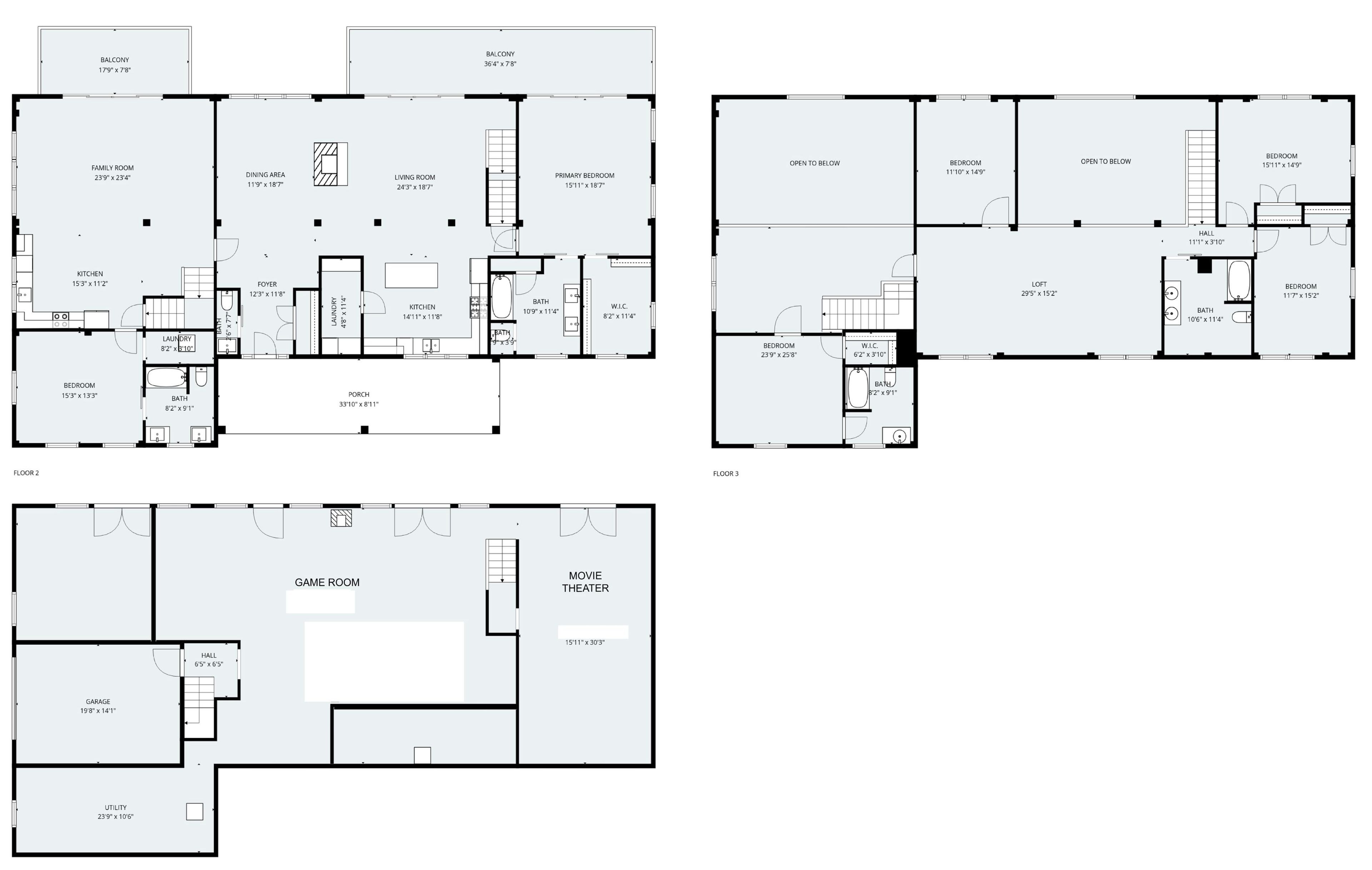A floor plan of a hotel with multiple bedrooms, a dining area, a living room, a balcony, a game room, a movie theater, a garage, and a utility room.