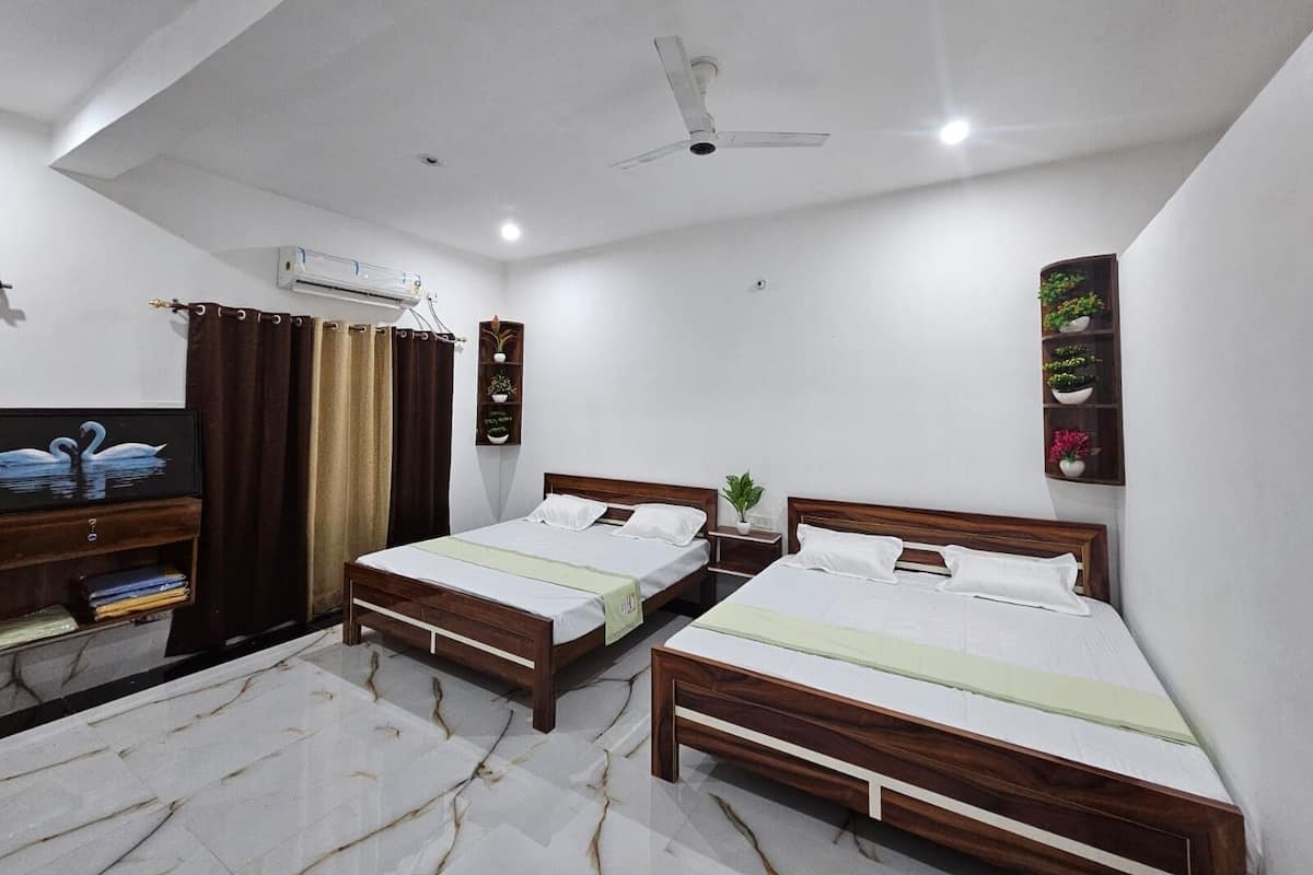 A hotel room with two wooden beds, a TV on a wooden stand, a ceiling fan, and a wall-mounted shelf with plants.