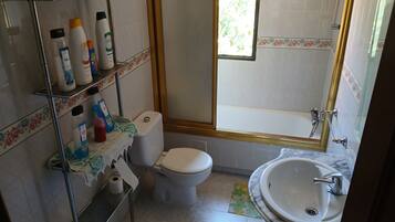A bathroom with a toilet, sink, and shower area.