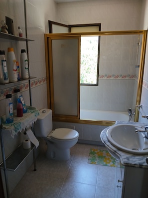 Hair dryer, bidet, towels, soap