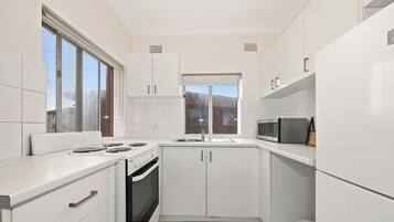 Fridge, microwave, stovetop, toaster