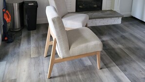 Ein Wohnzimmer mit Kamin, Sofa, Mülleimer und Staubsauger.