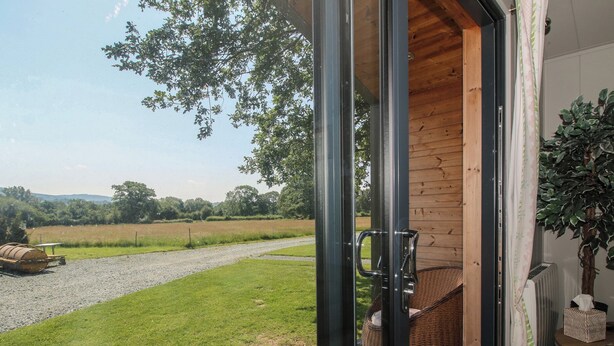 Un interior de madera con una puerta de cristal que da a un espacio exterior con césped.