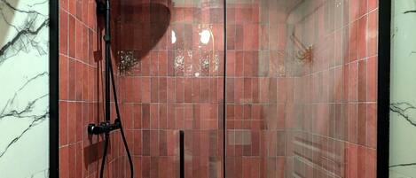 Shower, hair dryer, towels, soap