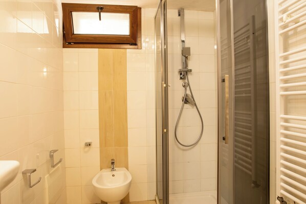 A bathroom with a glass shower enclosure, a bidet, and a towel rack.