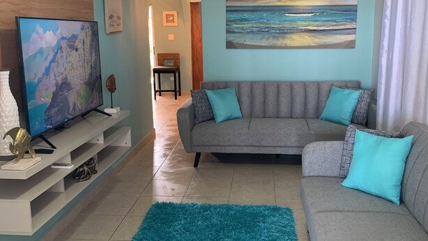 Ein Wohnzimmer mit grauem Sofa, einem blauen Teppich, einem Strandbild und einem angebrachten Fernseher.