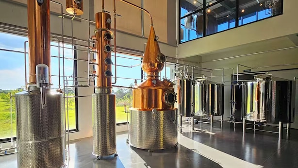 A distillery with copper stills and stainless steel tanks, large windows, and a modern industrial design.