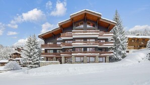 Una chaleta de varios pisos con balcones, rodeada de árboles cubiertos de nieve y un cielo despejado.