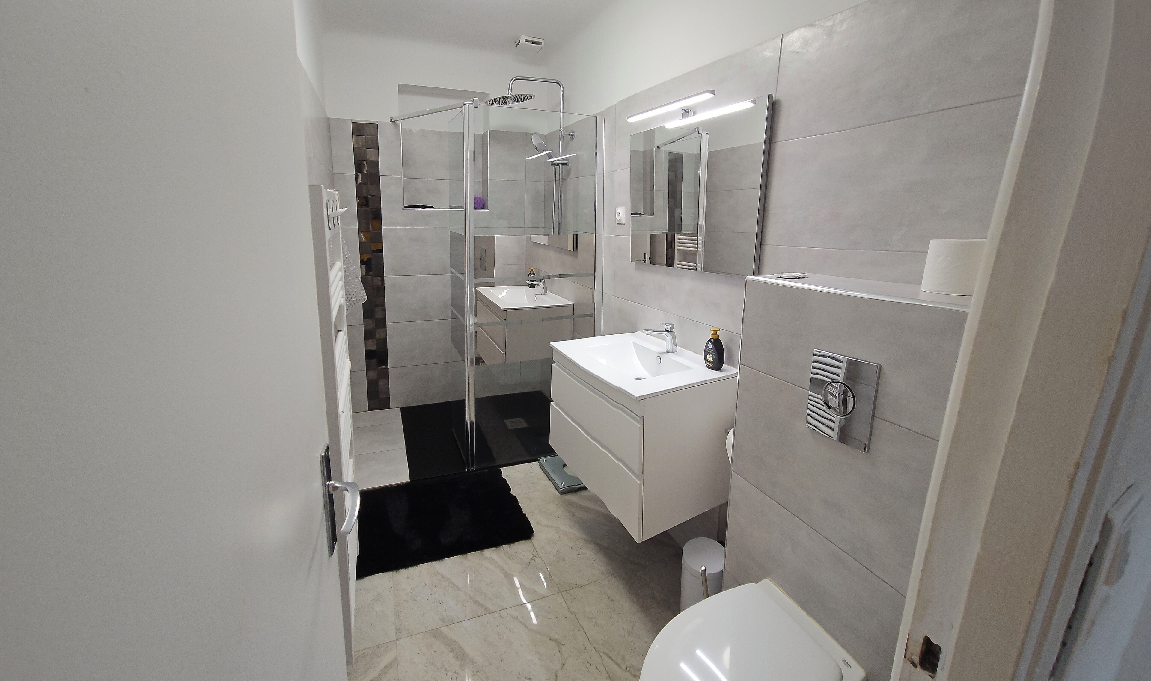 Hair dryer, towels, soap, toilet paper