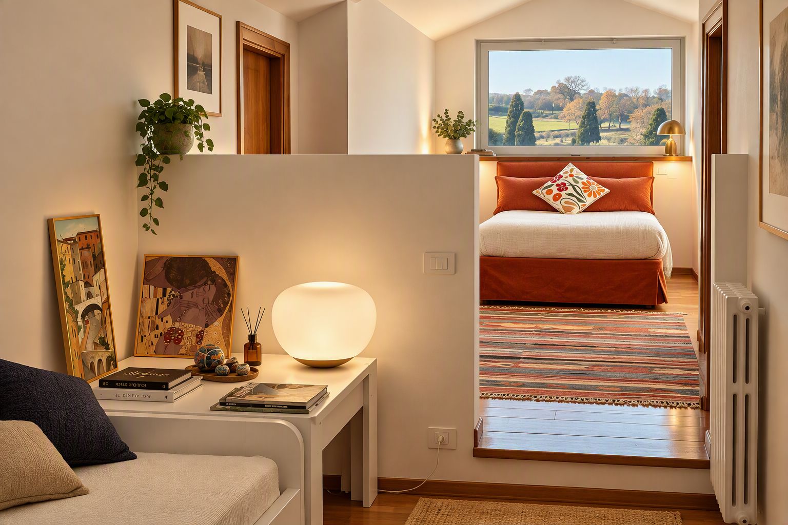 A bedroom with a bed, a bedside table with books and a lamp, a window with a view of trees, and a radiator.