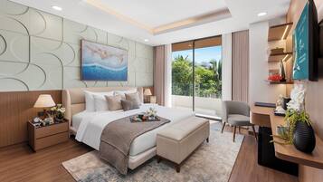 Una habitación de hotel moderna con una cama grande, un escritorio, una silla, un televisor y un ventanal con vistas a zonas verdes.