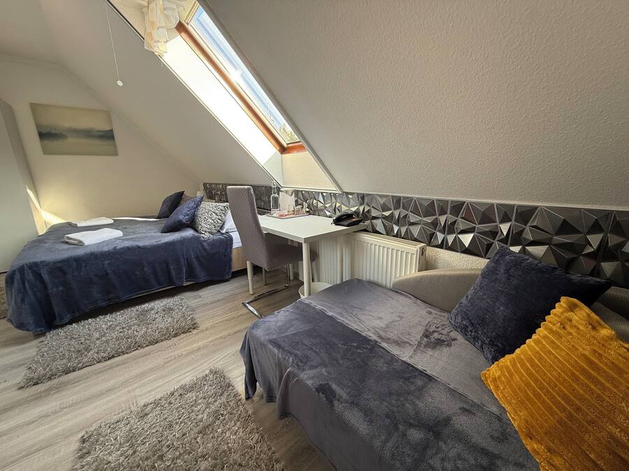 Ein gemütliches, modernes Schlafzimmer mit zwei Betten, einem Schreibtisch und einem Dachfenster.