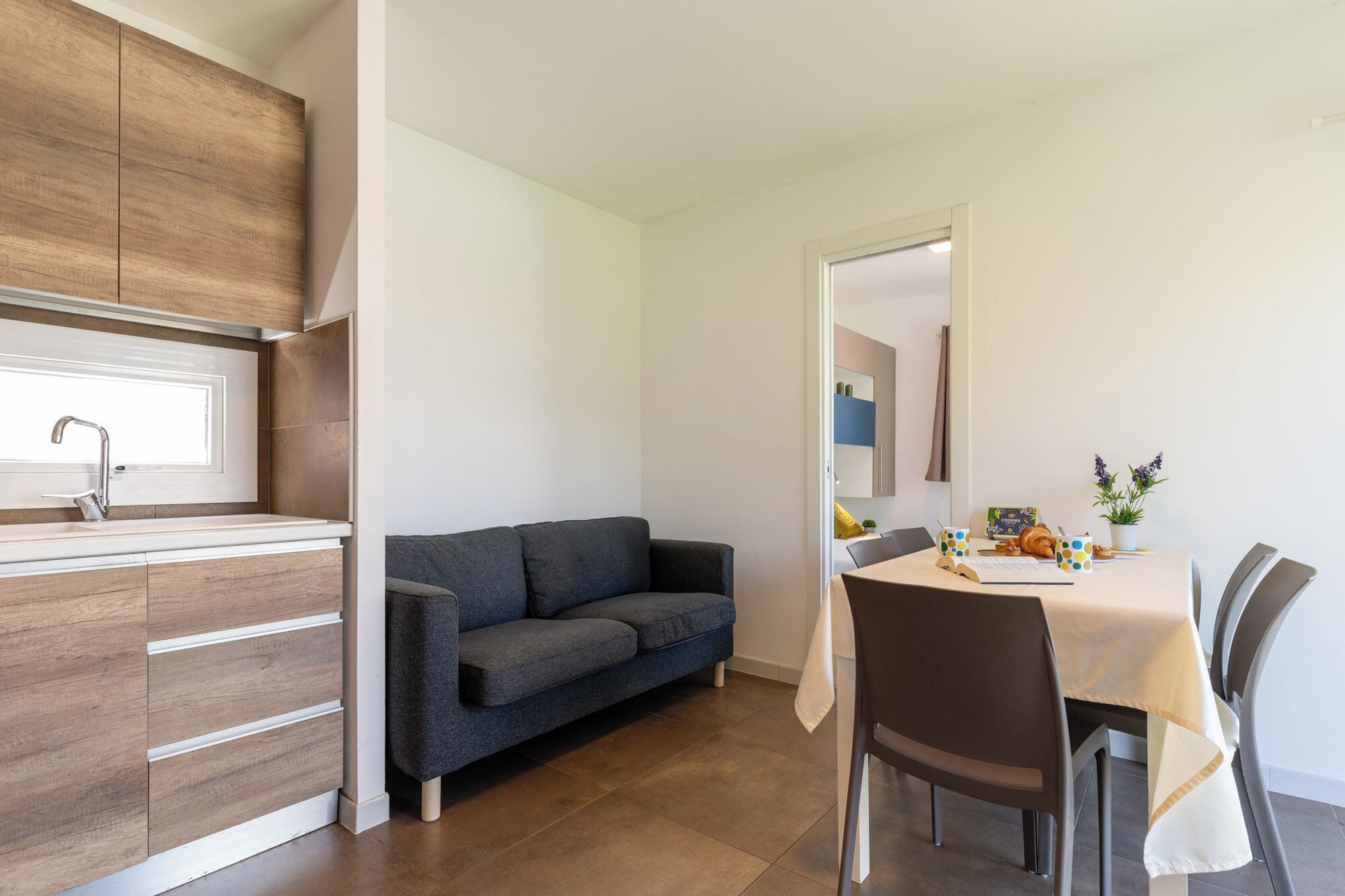 A compact living space with a kitchenette, a sofa, a dining table with chairs, and a potted plant.