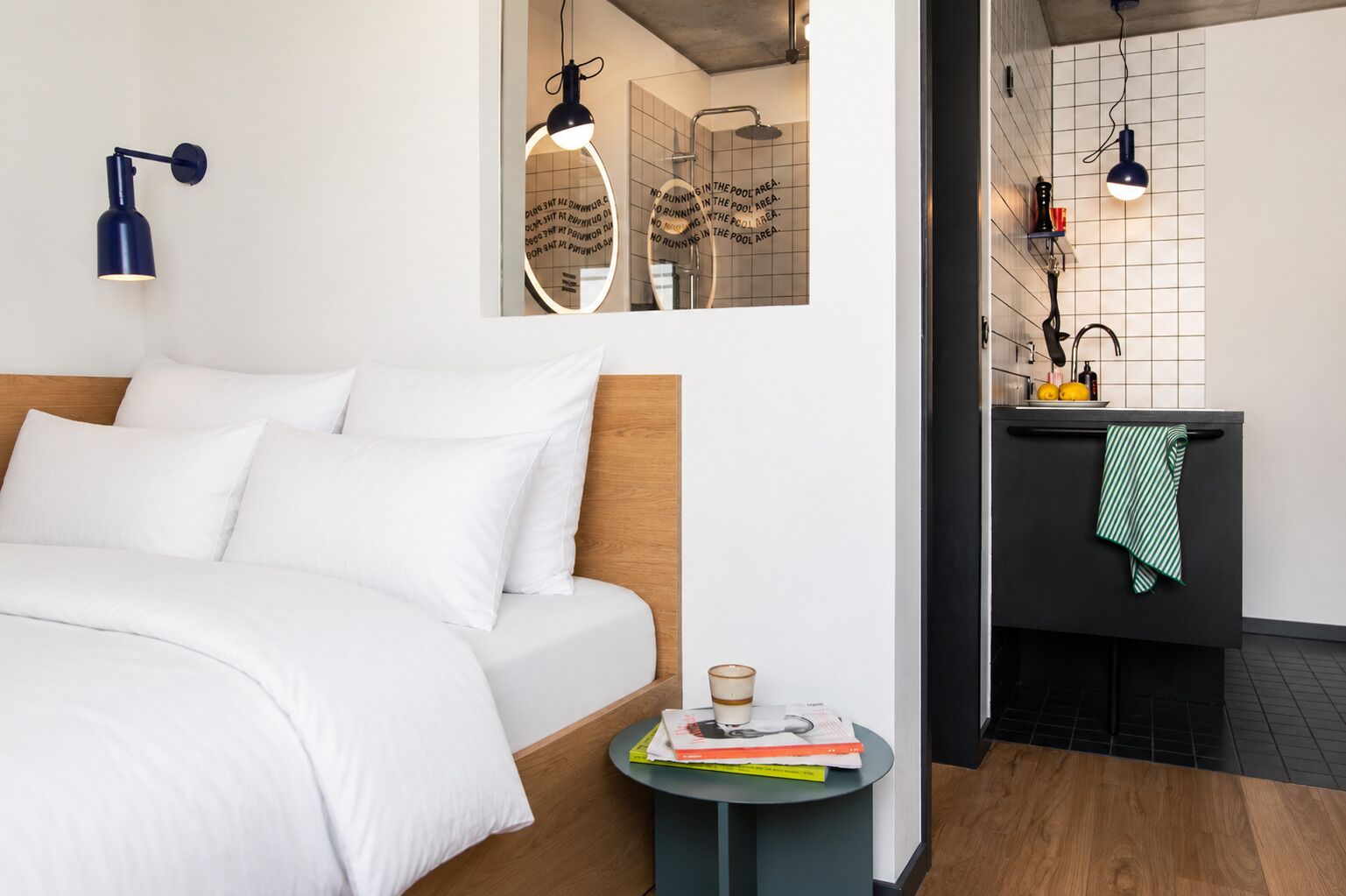 Premium bedding, desk, laptop workspace, soundproofing