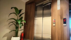 An elevator with a digital display, a potted plant, and a fire extinguisher. - Suitev (Arnavutkoy)