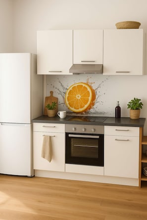 A modern kitchen with white cabinetry, a stainless steel oven, and a wooden cutting board. - Eastside Apartment Karlsruhe – stylish and peaceful living (Karlsruhe)