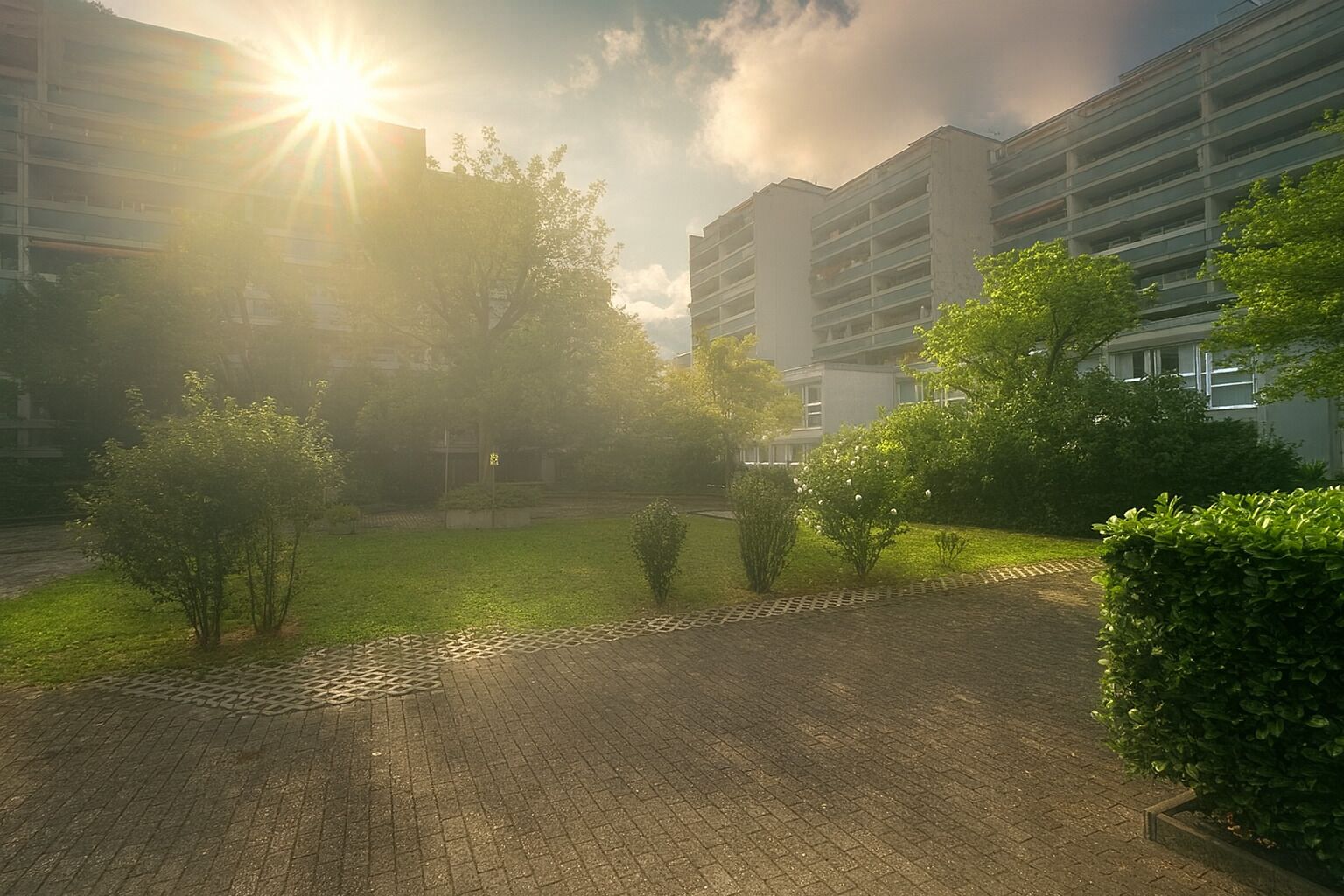Ein gepflasterter Innenhof mit einem Backsteinweg, umgeben von Grünflächen und modernen Gebäuden.