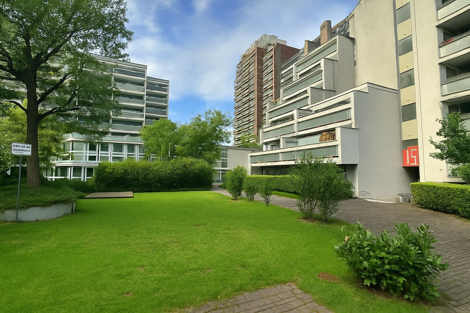 Ein Wohngebäude mit gepflegtem Rasen und Hecken.