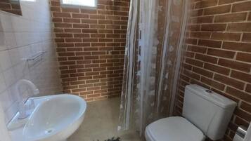 Shower, towels, soap, toilet paper