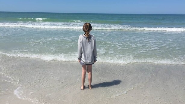 A person standing on a beach with the ocean in the background. - Across the street from Indian Shores Beach Condo (Indian Shores)