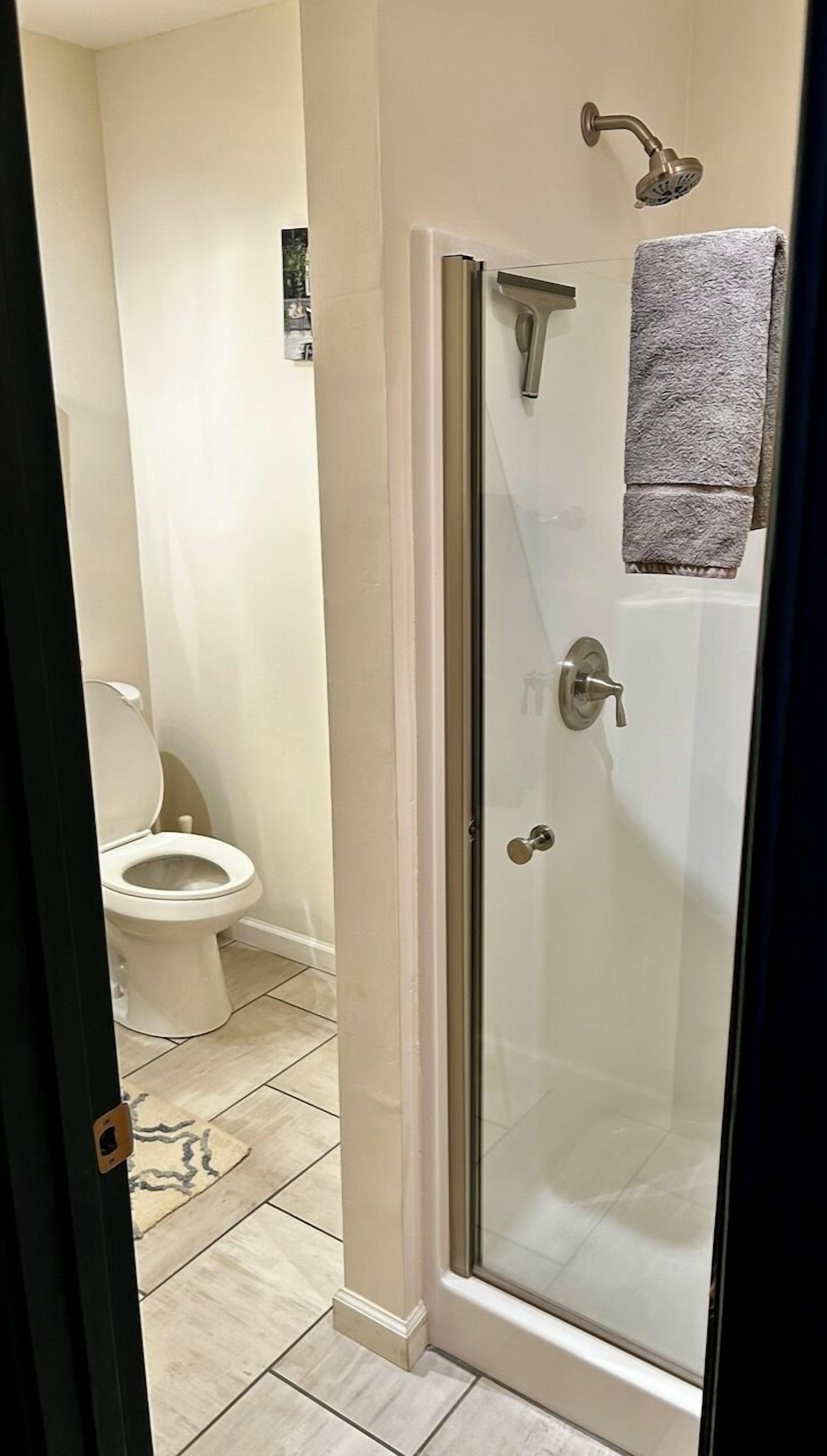 A bathroom with a glass-enclosed shower, a toilet, and a towel hanging on the wall.
