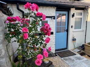 A rustic house with a blue door, a rose bush in front, and a small garden area. - Arcadia - 2-Bed, Dog Friendly with EV Charger (Mere)