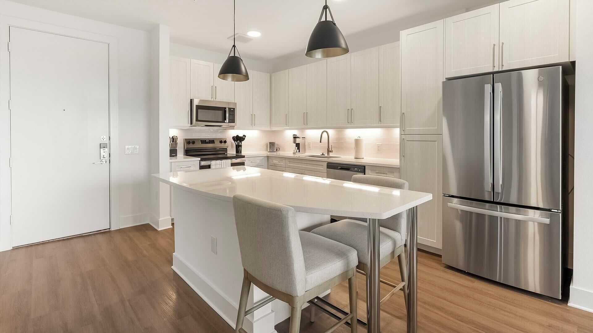 Fridge, dining tables