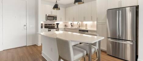 Fridge, dining tables