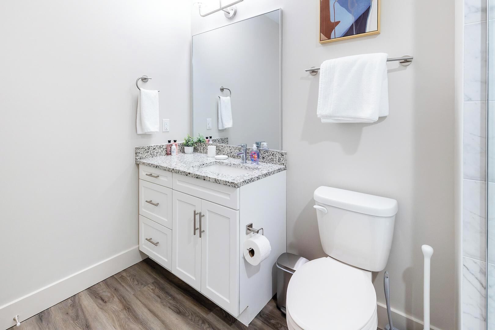 Ein modernes Badezimmer mit Toilette, einem Doppelwaschtisch mit Granitplatte und einem großen Spiegel.