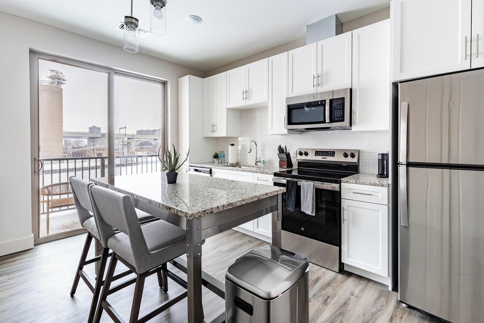 Fridge, dining tables