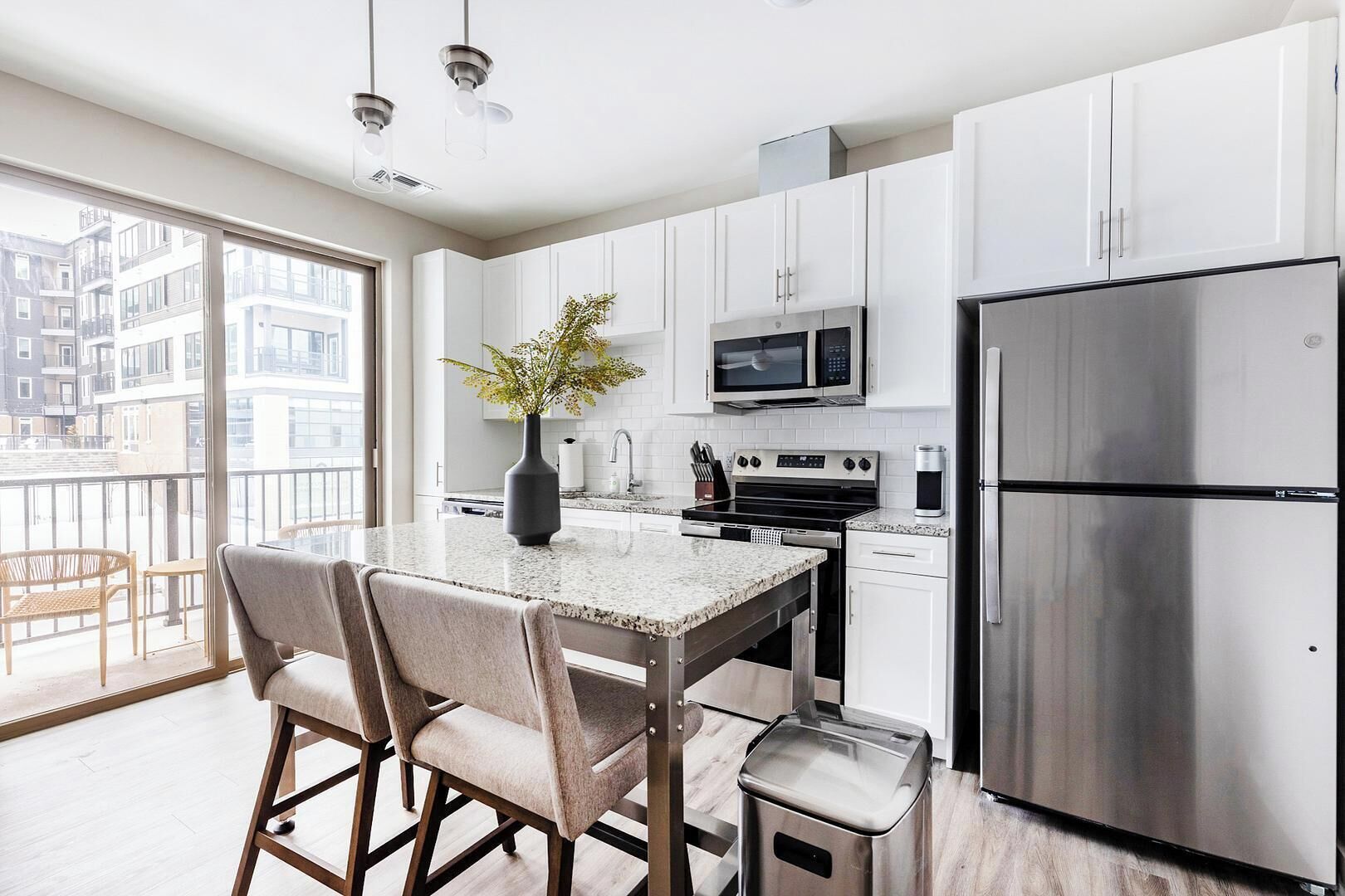 Fridge, dining tables