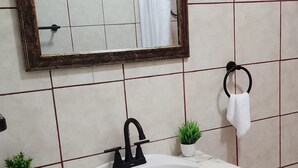 A bathroom with a white sink, black faucet, and a mirror with a wooden frame. There are two small potted plants on the counter.