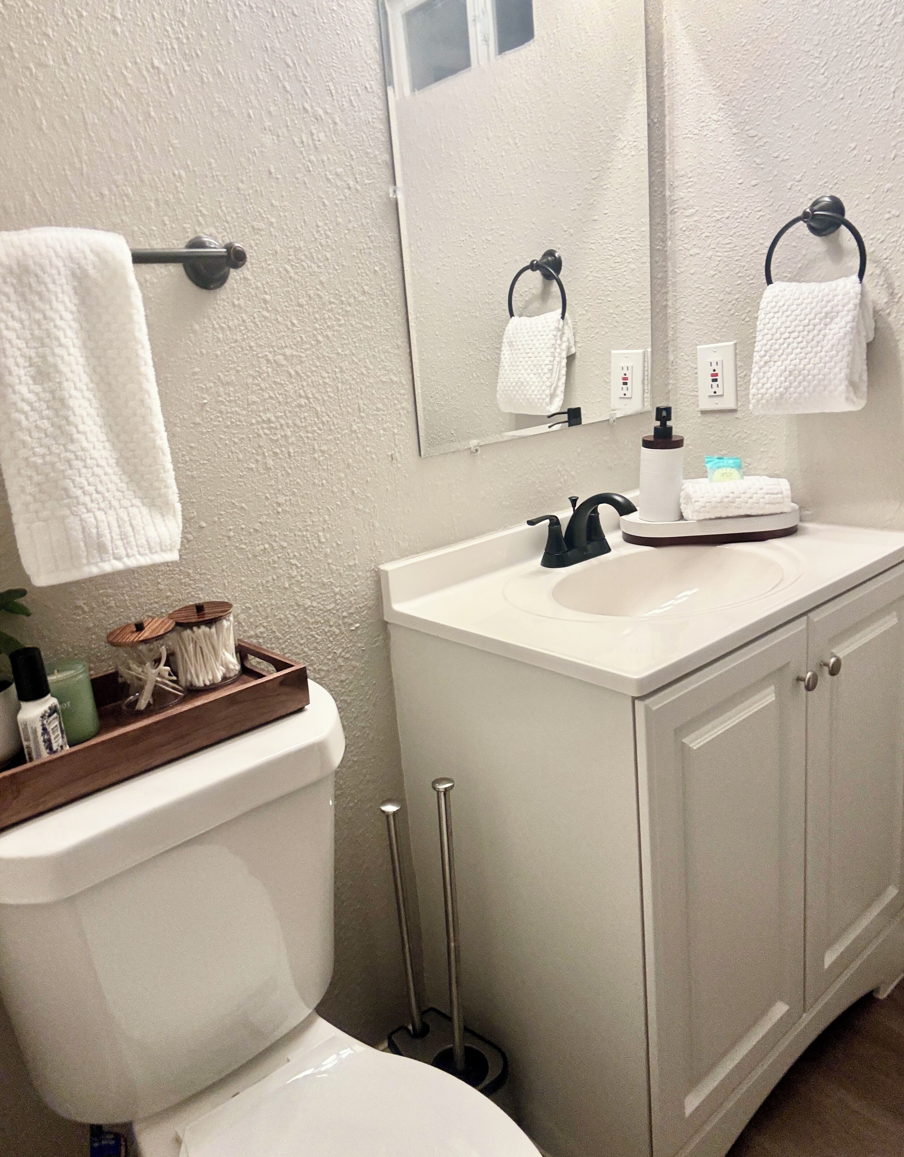 Hair dryer, towels, soap, toilet paper