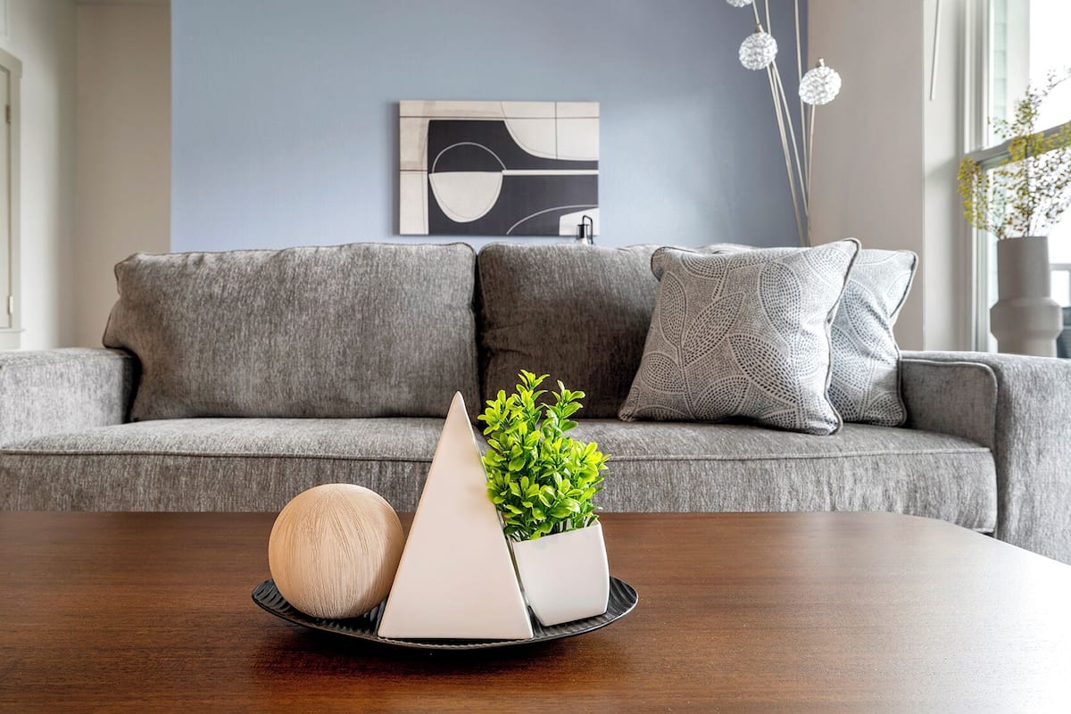 A modern living room with a grey sofa, a wooden table, and decorative items including a plant and a spherical object.