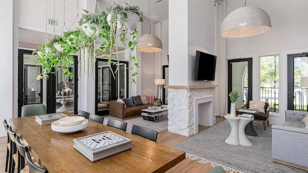 Un vaste espace de vie comprenant une table à manger en bois, une cheminée et des plantes suspendues.