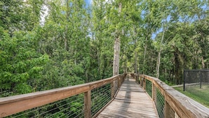 Une promenade en bois qui traverse une forêt, avec une clôture métallique d’un côté.