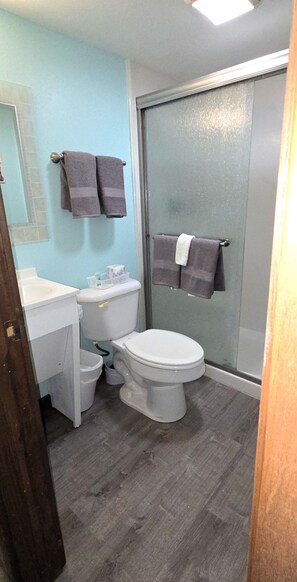 Une salle de bain avec des toilettes, un lavabo et une douche.