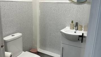 A small bathroom with a toilet, sink, and a mirror.